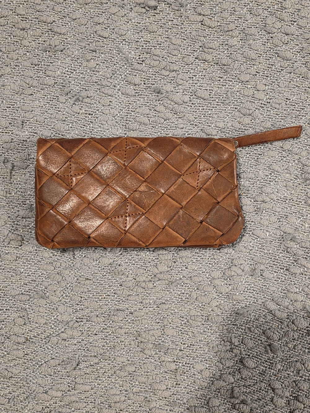 Handwoven Leather Zip Clutch Wallet - Brown